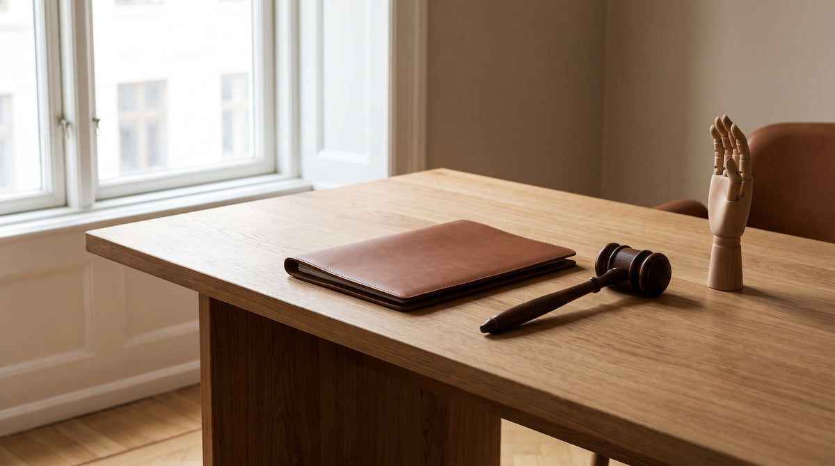 Scrivania in rovere accanto a una finestra, con una cartella di pelle chiusa, un martelletto da giudice e una mano articolata in legno