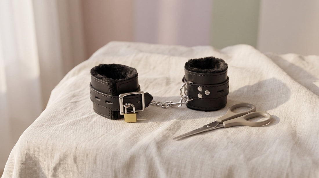 Gepolsterte Manschetten aus schwarzem veganem Leder mit feiner Kette auf hellem Leinen, daneben eine Sicherheitsschere mit runder Spitze