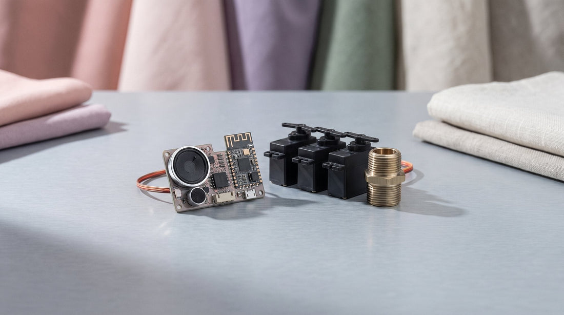 Modulo elettronico con altoparlante e microfono, scheda Wi-Fi, tre servomotori neri e un raccordo filettato su un piano di alluminio