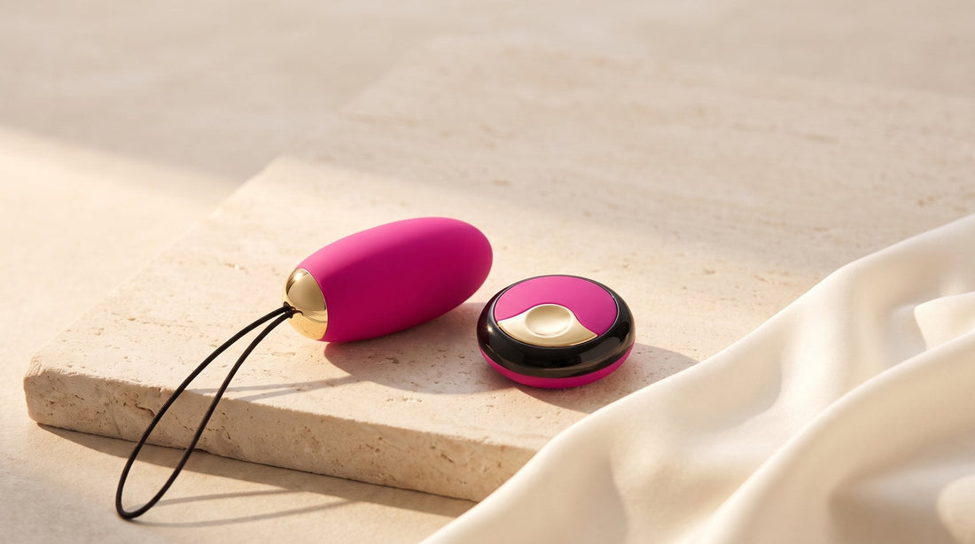 Œuf vibrant LELO Lyla 2 et sa télécommande posés sur une plaque de pierre claire, près d’un pli de satin ivoire, en lumière douce