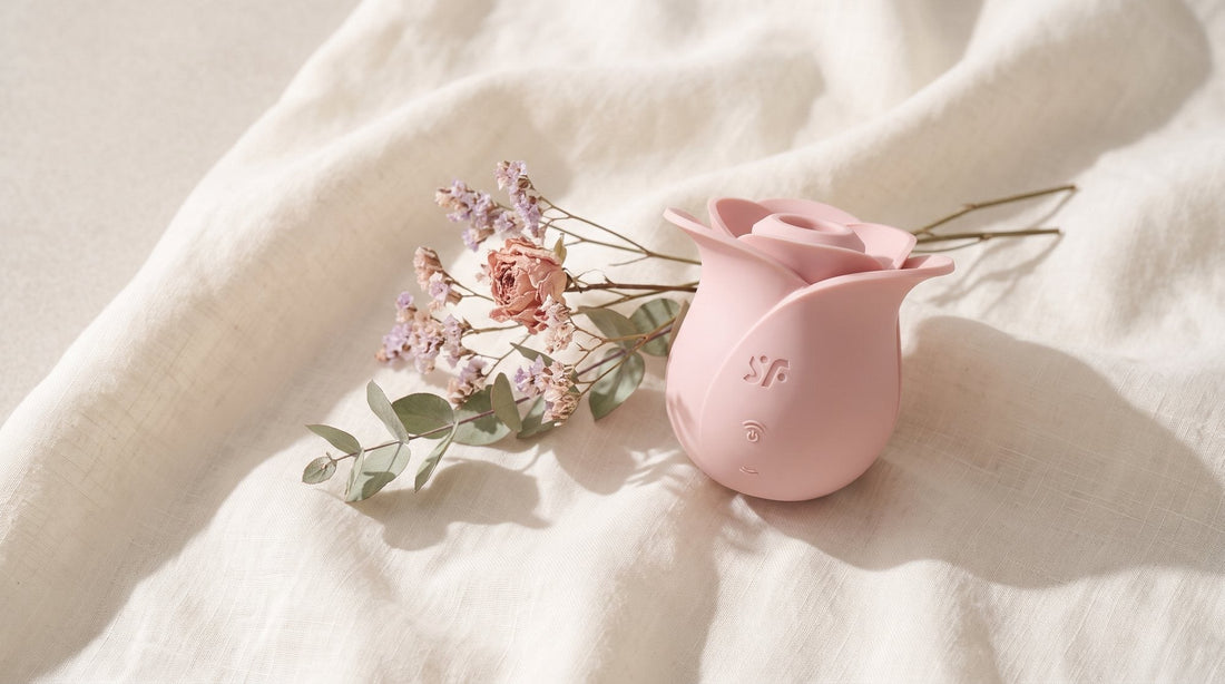 Succionador de clítoris Satisfyer Pro 2 Modern Blossom rosa sobre lino blanco roto, junto a una ramita seca, con luz lateral suave