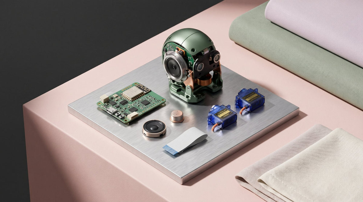 Componenti di una testa robotica smontata su metallo spazzolato: scheda con antenna Wi-Fi, microfono, altoparlante e due servomotori