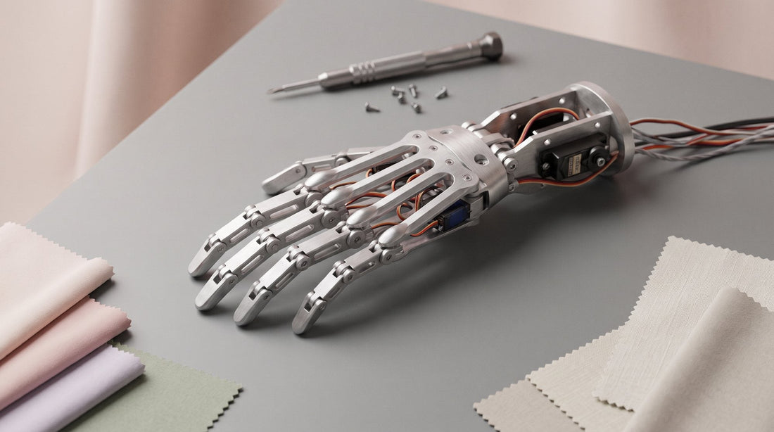 Mano robotica umanoide con scheletro in alluminio spazzolato, cavi e piccoli servomotori, posata su un banco da lavoro grigio