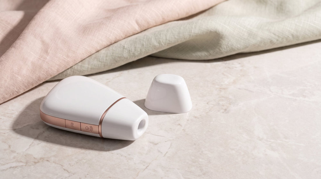 Succionador de clítoris Satisfyer Love Triangle sobre una piedra clara, con la boquilla hacia la cámara y su capuchón al lado