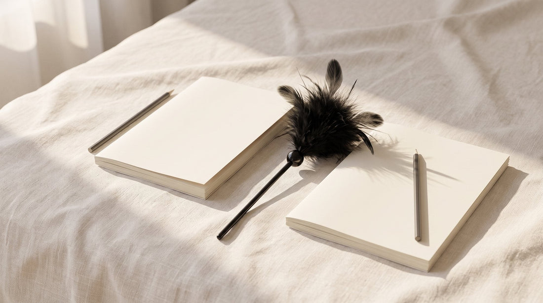Deux feuilles crème pliées et deux crayons à papier sur un drap de lin écru, un plumeau aux plumes noires posé entre elles