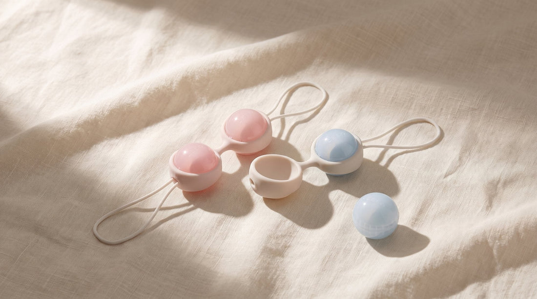 Die vier Liebeskugeln LELO Luna Beads Mini und ihre Silikonhalterung auf zerknittertem Leinen, eine Kugel liegt etwas abseits