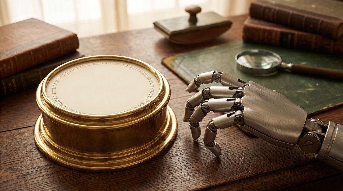 Barometro d’epoca in ottone dal quadrante vuoto, su una scrivania in rovere accanto a una mano robotica articolata, in luce calda