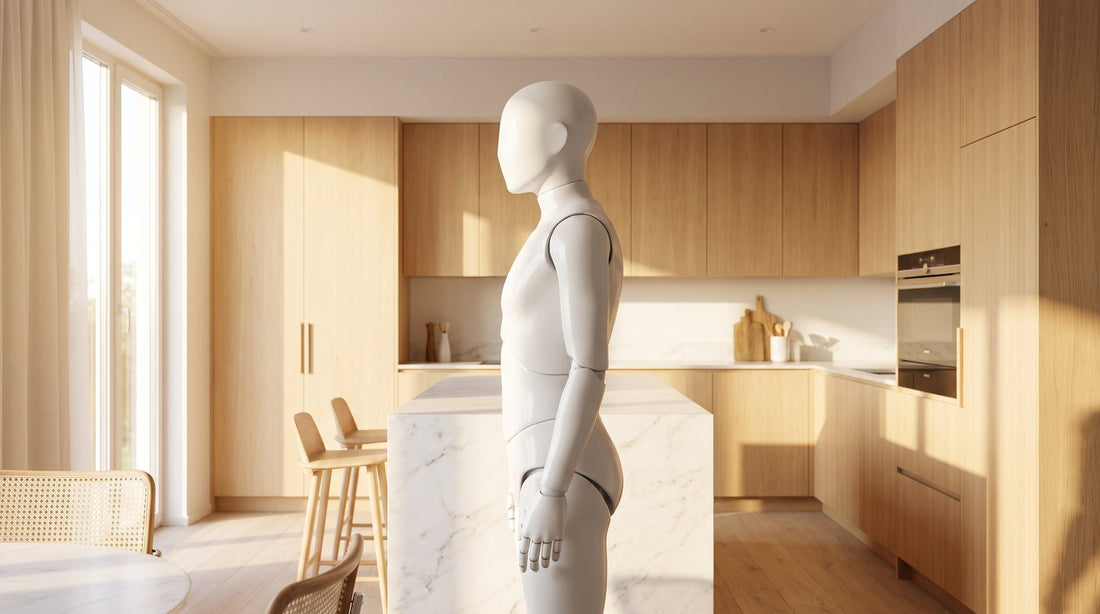 Weißer humanoider Roboter mit glattem Kopf ohne Gesicht, im Profil in einer hellen skandinavischen Küche im Morgenlicht