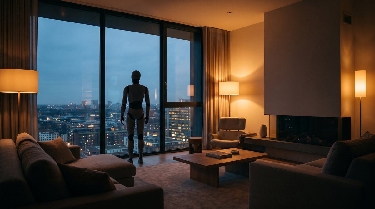 Silhouette d’un robot humanoïde sans visage, vue de dos devant une grande baie vitrée, dans un salon au crépuscule