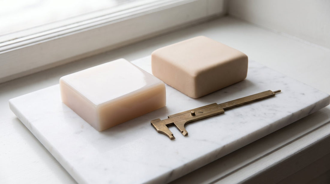 Deux échantillons de matière couleur chair sur une plaque de marbre blanc, l’un brillant, l’autre mat, près d’un pied à coulisse en laiton