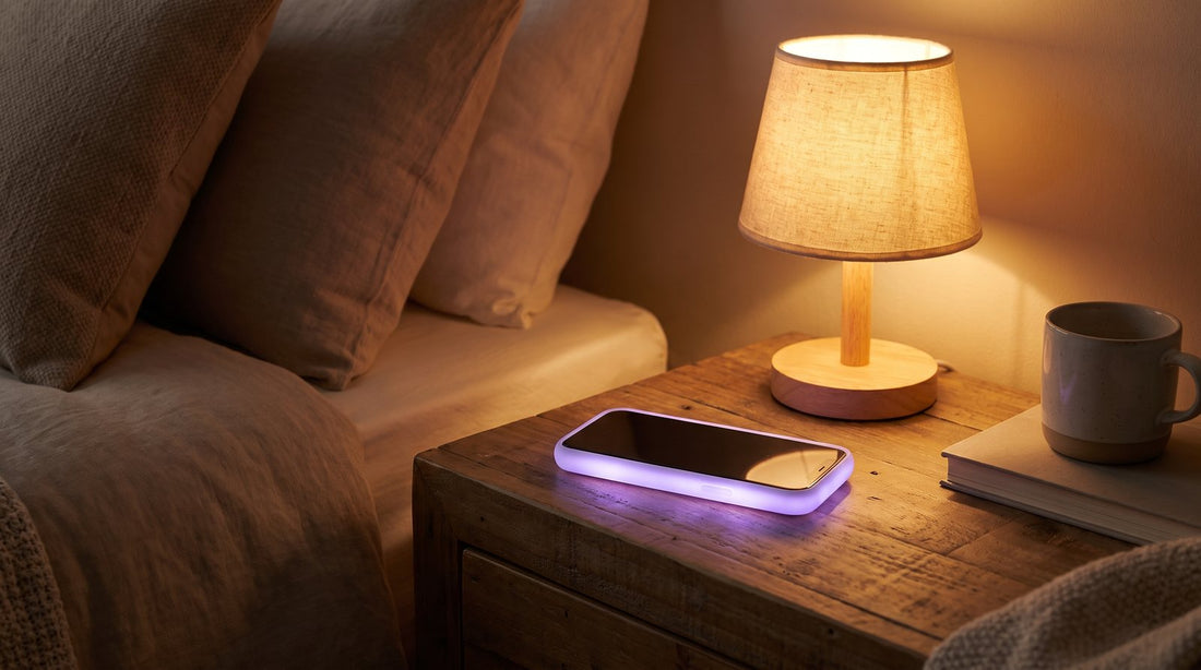 Smartphone posé sur une table de chevet, écran détourné diffusant une lumière violette douce, dans une chambre le soir