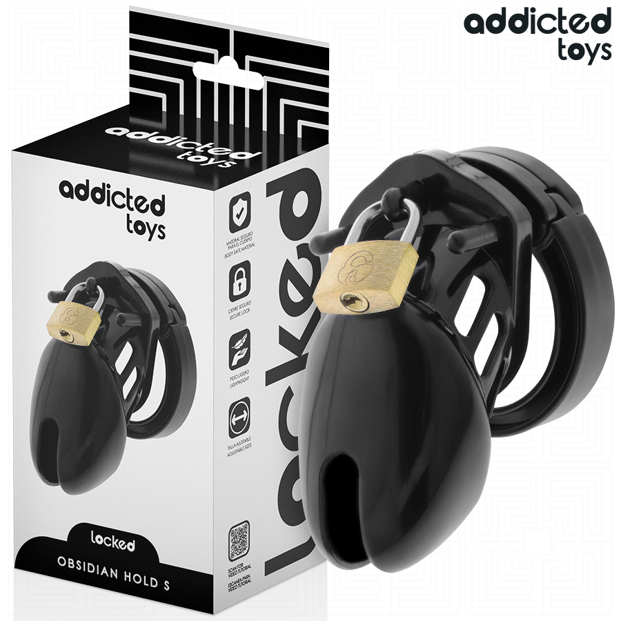 Jaula Obsidian Hold S negra con candado dorado, delante de su caja Locked