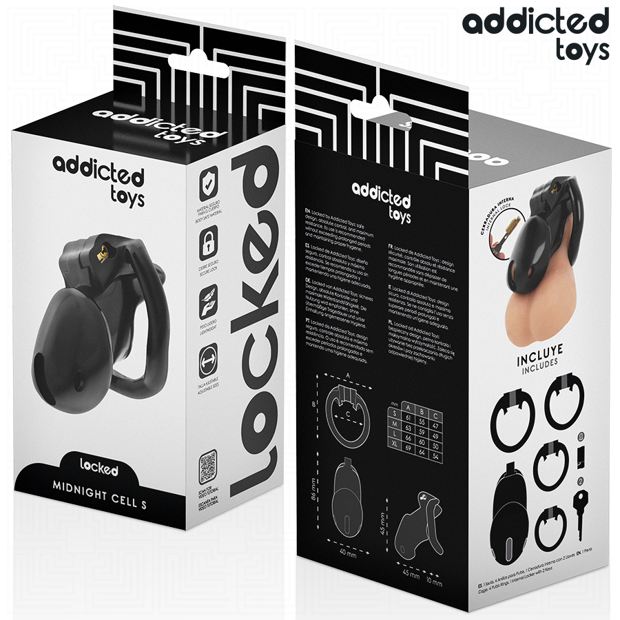 Verpackung Addicted Toys Locked Midnight Cell S, Vorder- und Rückseite