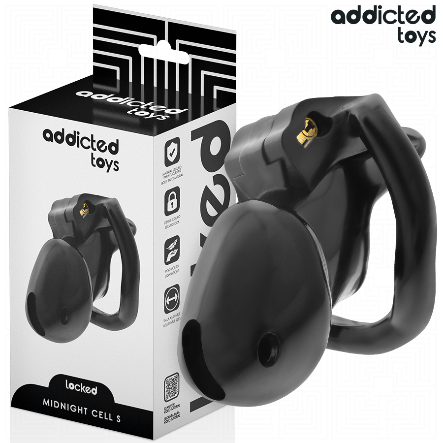 Jaula Midnight Cell S negra con cierre integrado, delante de su caja Locked