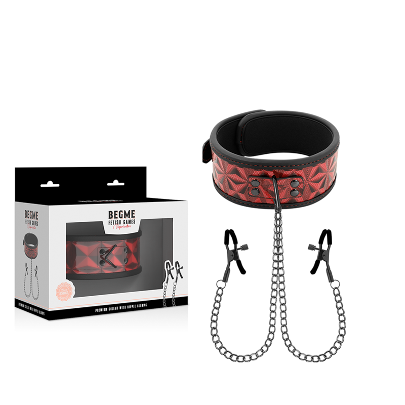 Begme Fetish Games — Collier édition rouge avec pinces télémon avec doublure en néoprène