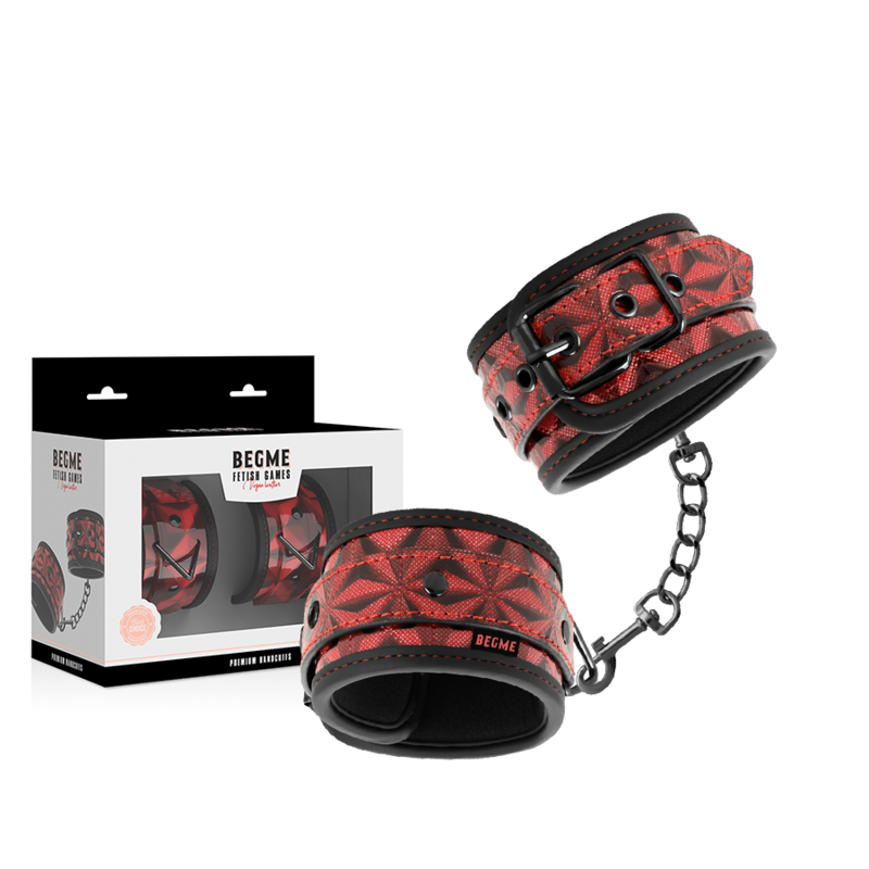 Begme Fetish Games — Menottes premium édition rouge avec doublure en néoprène