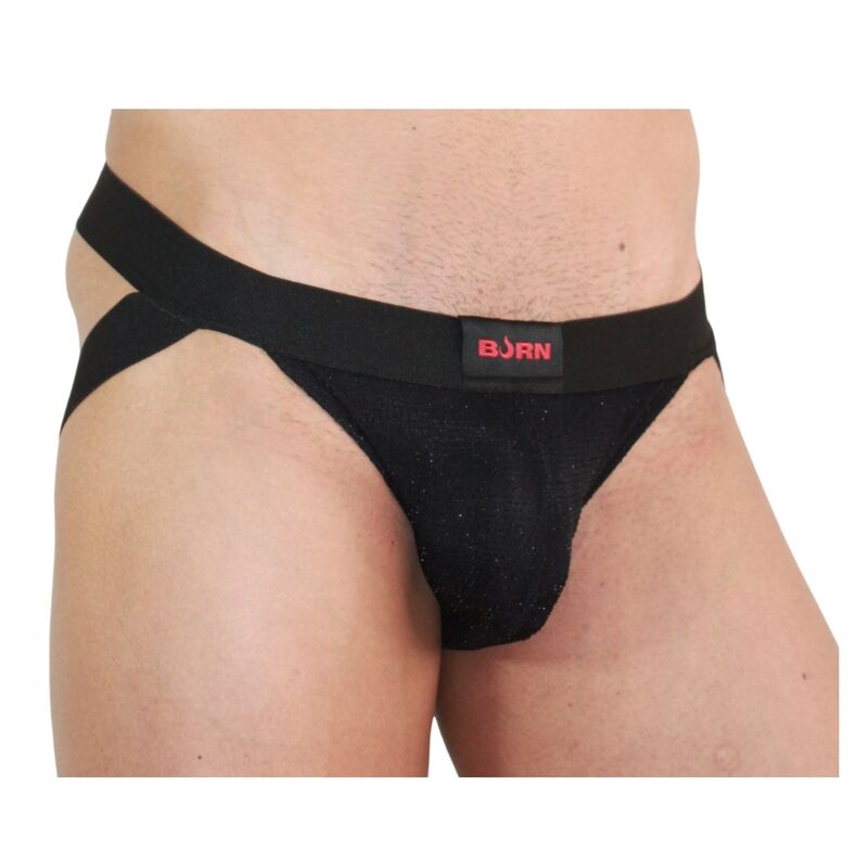 BURN 003 – Jockstrap nero lucido con logo rosso