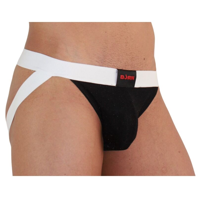 BURN 004 – Jockstrap in glänzendem Schwarz mit Weiß