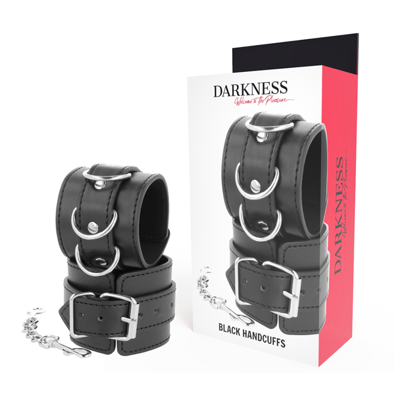 Darkness – Schwarze Handschellen mit Schnallen und Kette
