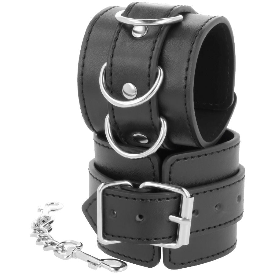 Darkness – Schwarze Handschellen mit Schnallen und Kette