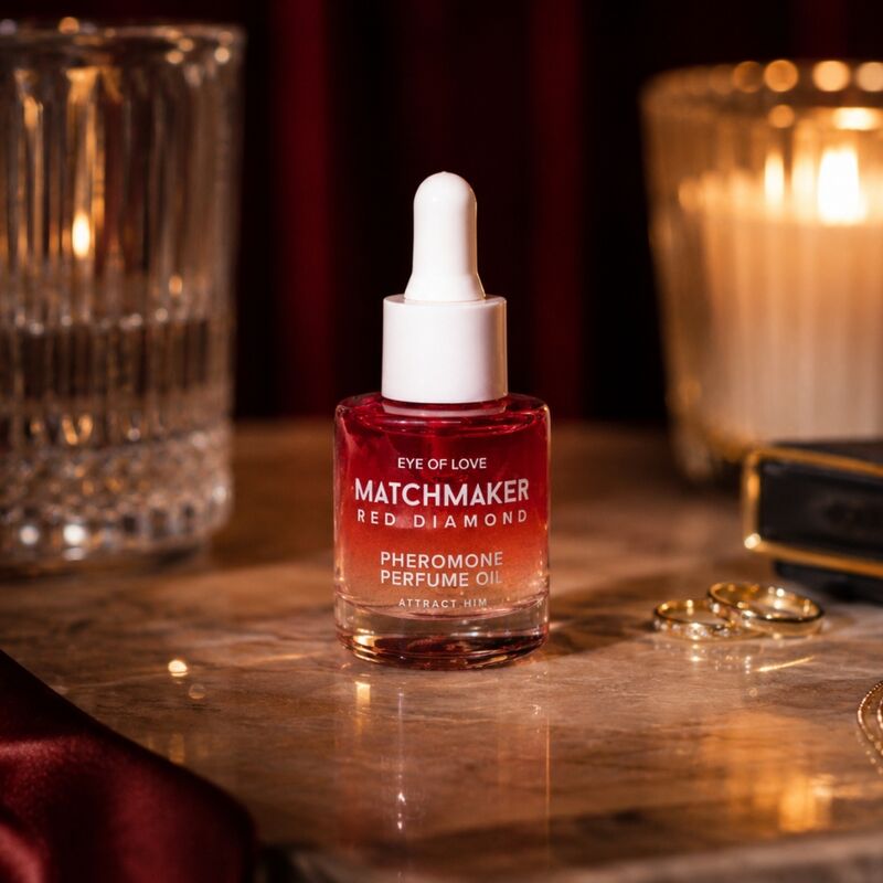 Flakon Red Diamond auf Marmor, Kerze und Gläser im Hintergrund
