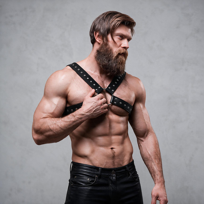 Fetish Submissive – Gekreuzter Herren-Harness mit Nieten und Ring