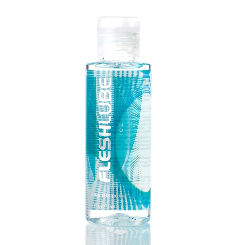 Fleshlube-Ice-Flasche mit eisblauem Etikett