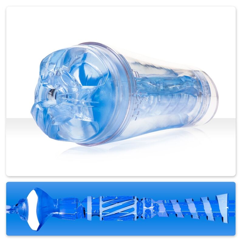 Fleshlight Flight Commander Blue Ice en su carcasa transparente, con vista en corte del canal
