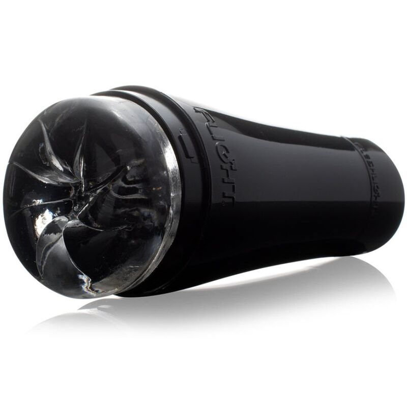 Fleshlight Flight Pilot con estuche negro y funda interior transparente, visto de tres cuartos