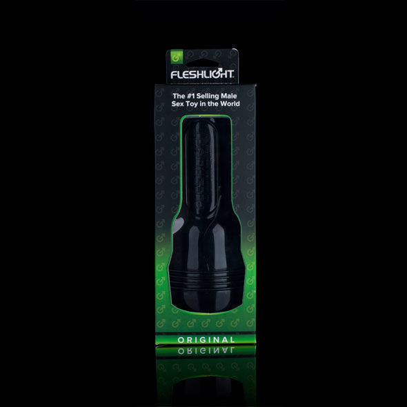 Fleshlight-Original-Verpackung, Vorderseite mit Sichtfenster auf das schwarze Gehäuse