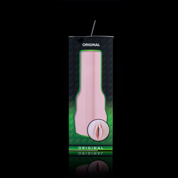 Rückseite der Fleshlight-Original-Verpackung mit der rosafarbenen Hülle und ihrem glatten Kanal