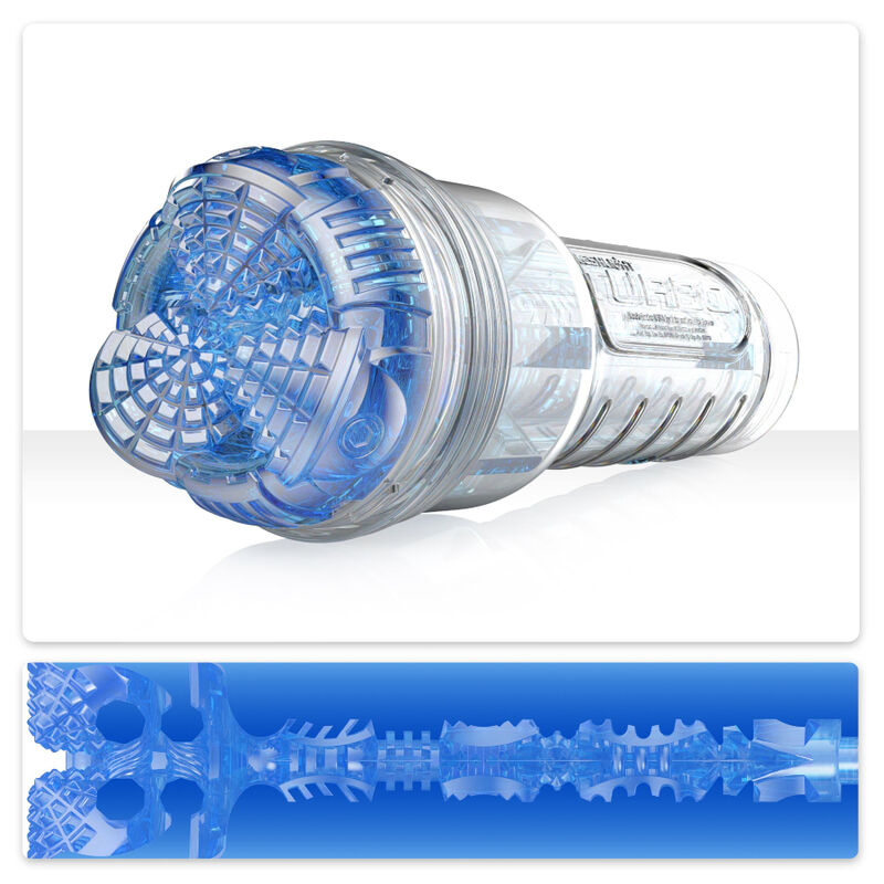 Fleshlight Turbo Core Blue Ice en su carcasa transparente, con vista en corte del túnel