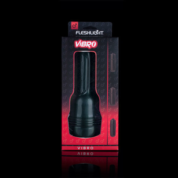 Fleshlight-Vibro-Verpackung mit Sichtfenster auf das schwarze Gehäuse und drei Vibro-Bullets