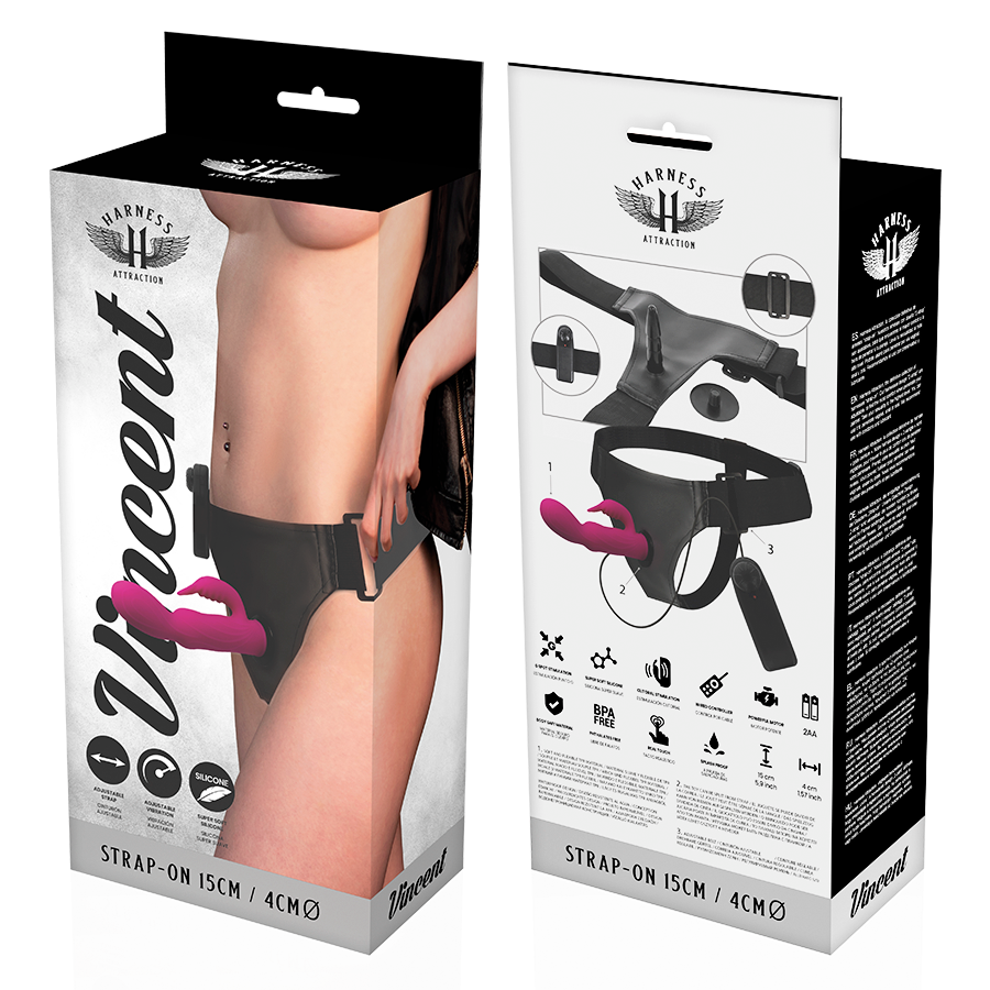Harness Attraction – Vibrierender Rabbit-Strap-on Vincent, 15 cm, Ø 4 cm