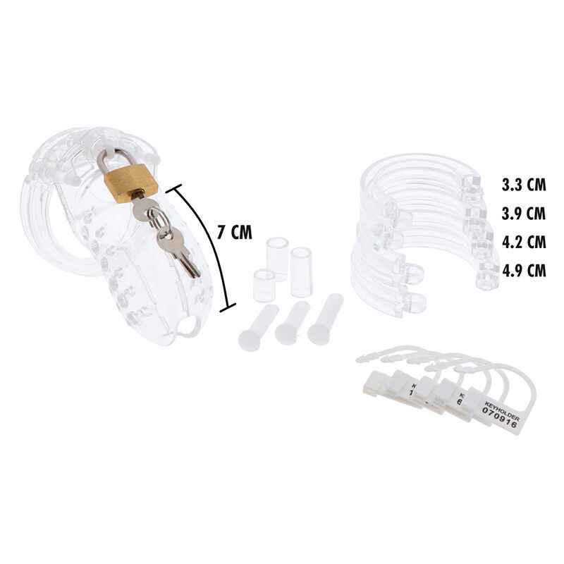Contenuto: gabbia da 7 cm, quattro anelli da 3,3 a 4,9 cm, distanziali, perni, lucchetto e sigilli numerati