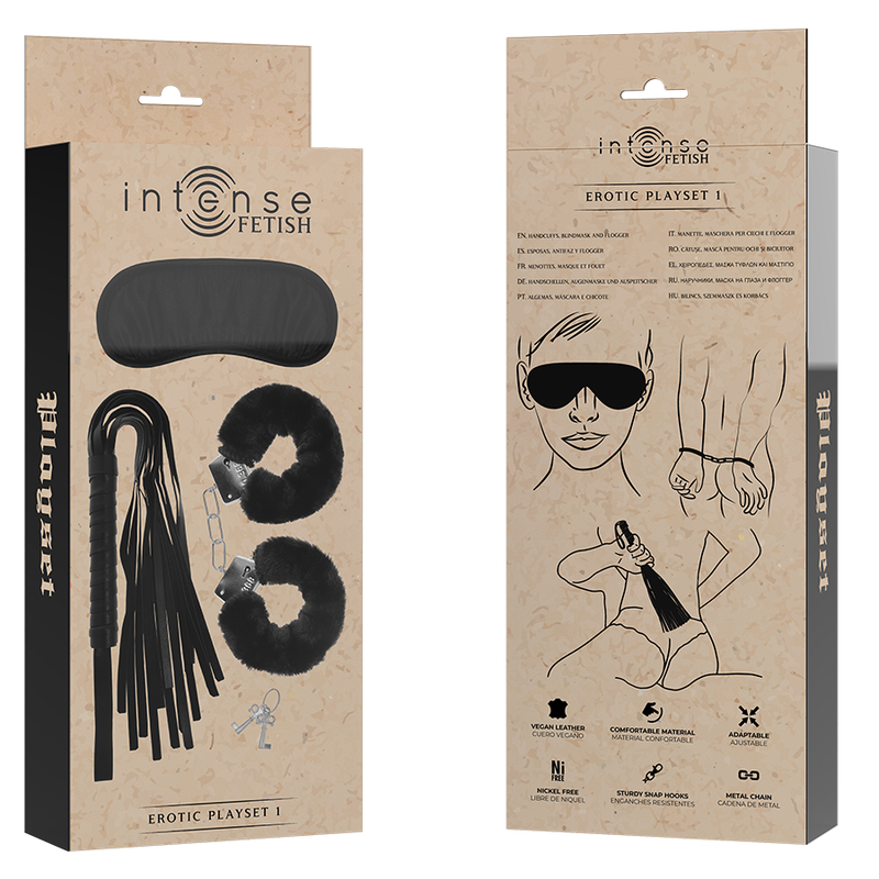 Kit erótico Intense Fetish, modelo 1, con esposas, venda y flogger