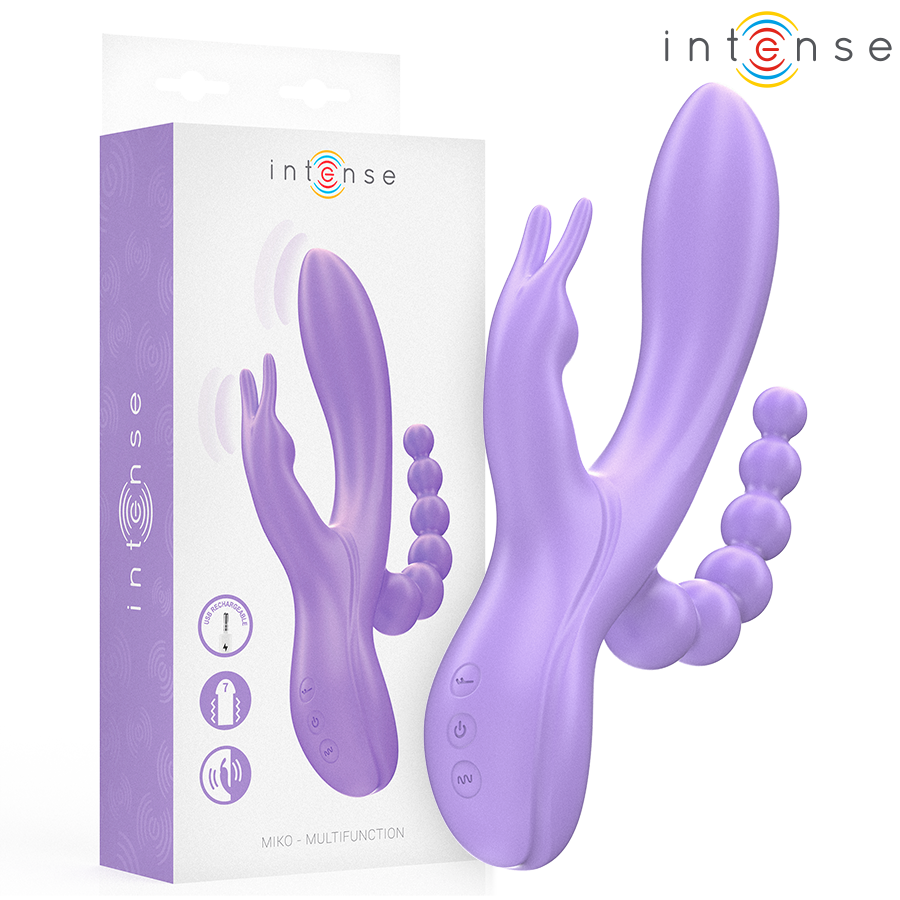 Vibratore triplo Intense Miko viola, rabbit con stimolatore clitorideo e anale, 7 modalità