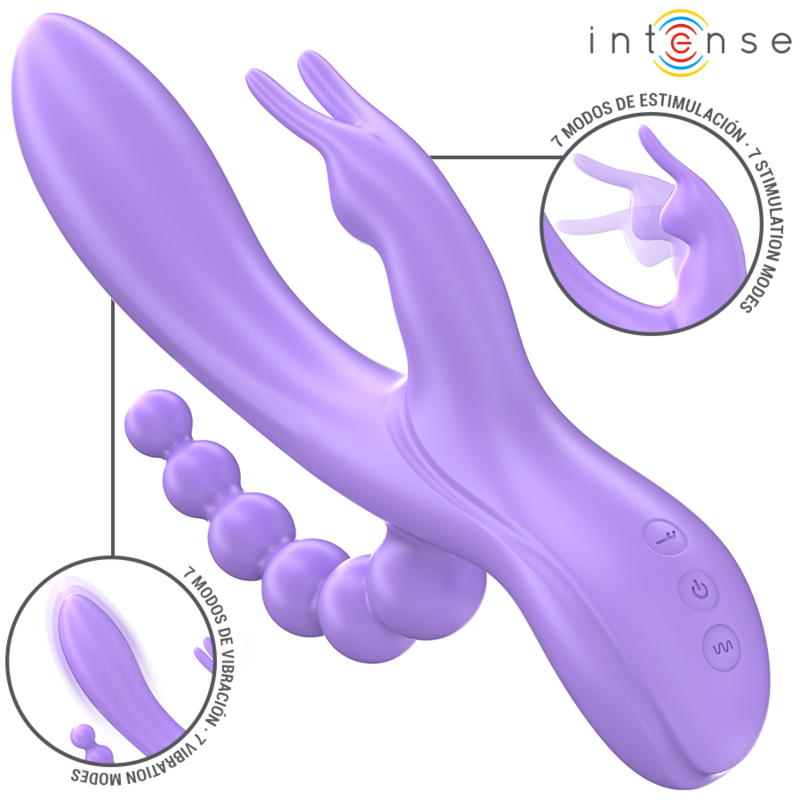 Vibratore triplo Intense Miko viola, rabbit con stimolatore clitorideo e anale, 7 modalità