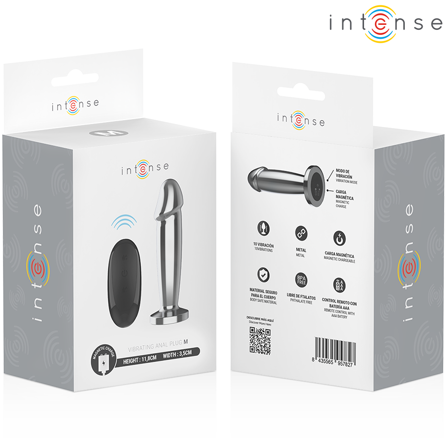Intense Analplug mit langem Metallschaft, 10 Vibrationsmodi und Fernbedienung, Größe M