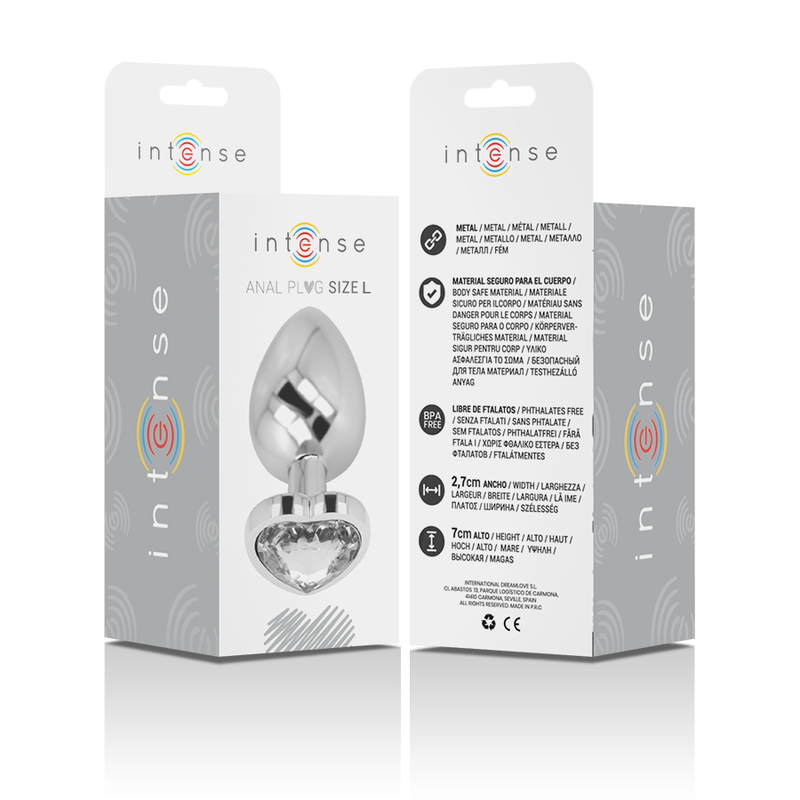 Intense Anal Toys – Analplug aus Metall mit Herz-Schmuckstein, S bis L – Schmuckstein Klar – Größe L