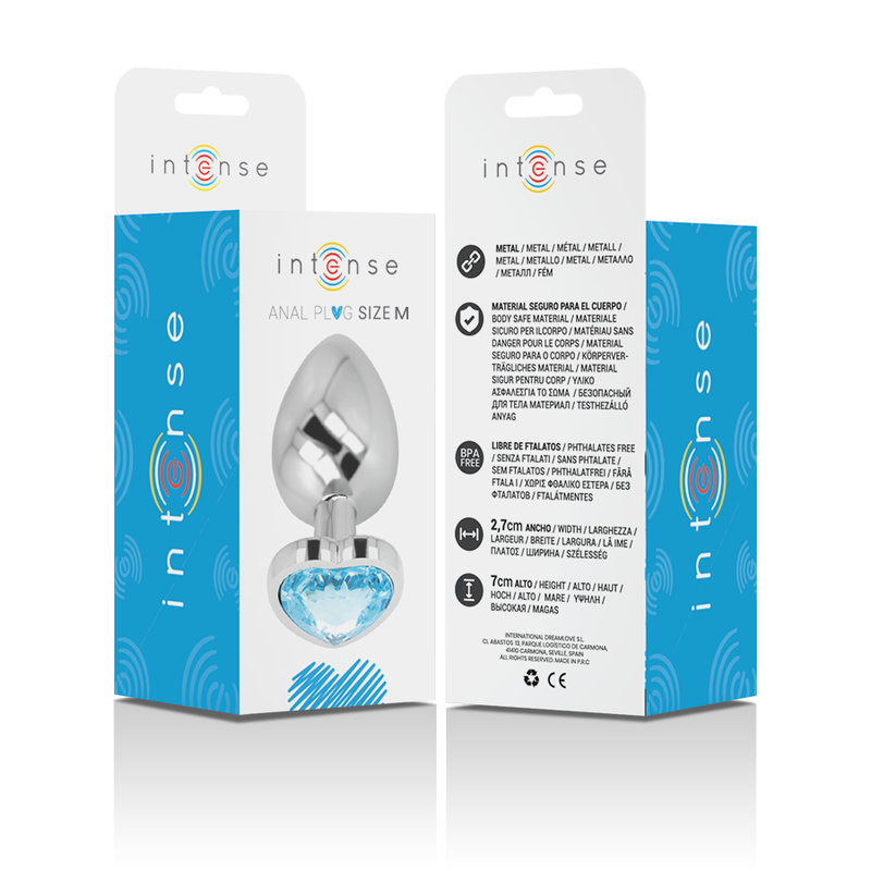 Intense Anal Toys – Analplug aus Metall mit Herz-Schmuckstein, S bis L – Schmuckstein Blau – Größe M