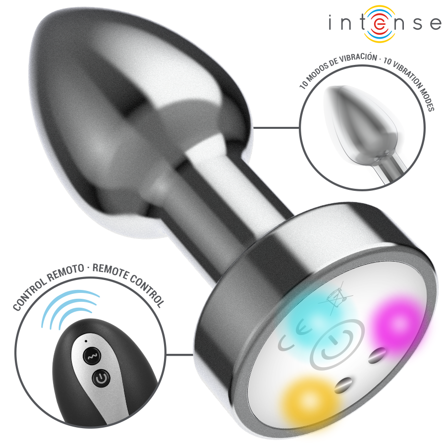 Intense — Plug anal vibrant en métal avec lumières LED et télécommande - taille s
