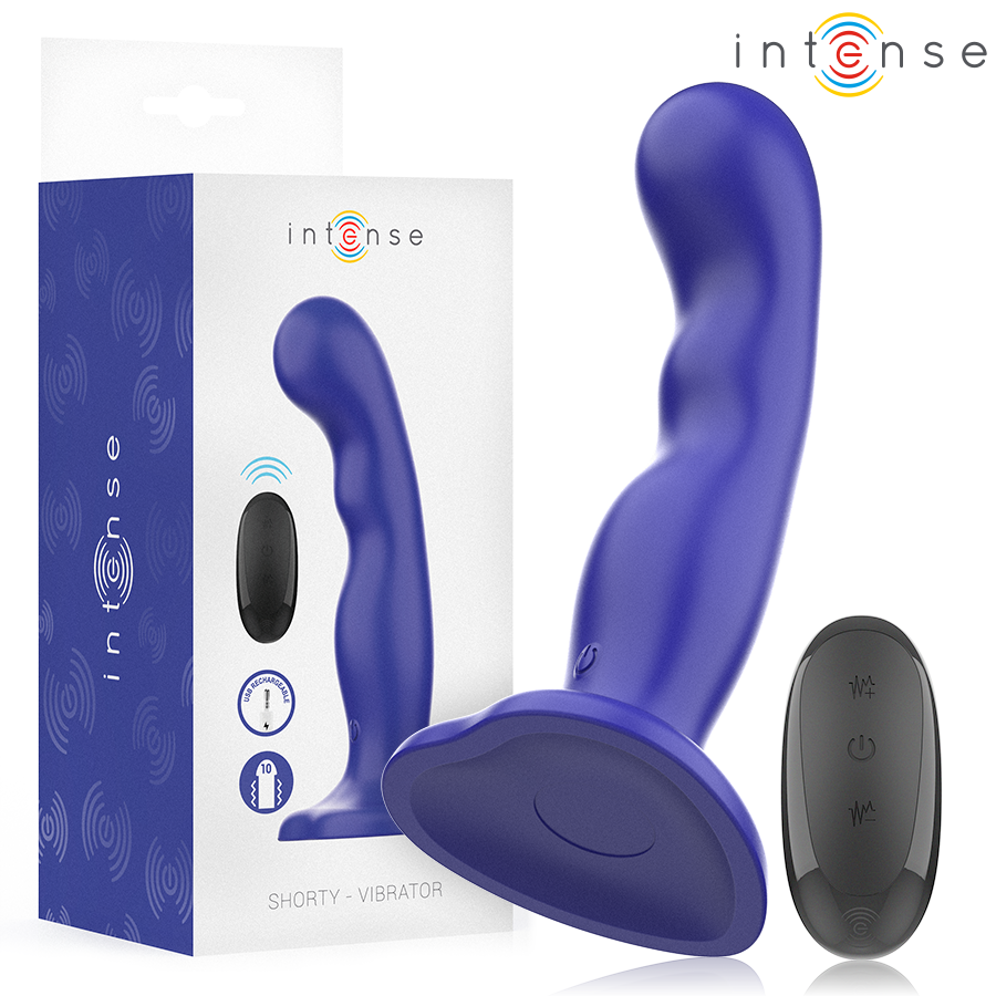 Vibrador Intense Shorty azul con relieves, ventosa y mando a distancia