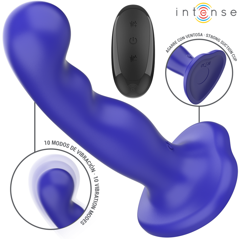Vibrador Intense Shorty azul con relieves, ventosa y mando a distancia