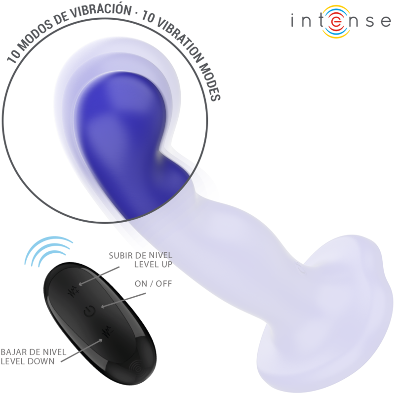 Vibrador Intense Shorty azul con relieves, ventosa y mando a distancia