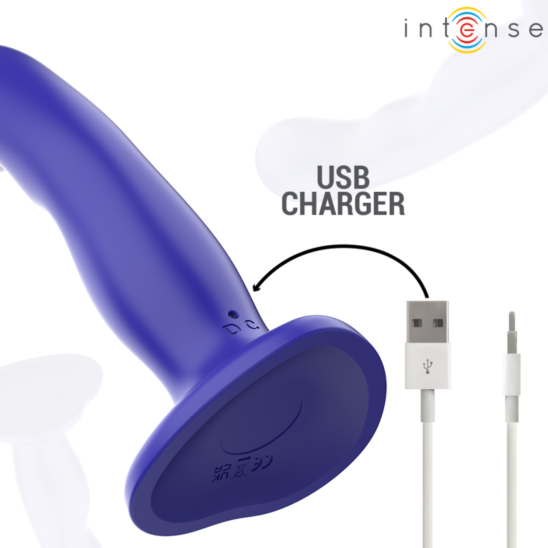 Vibrador Intense Shorty azul con relieves, ventosa y mando a distancia