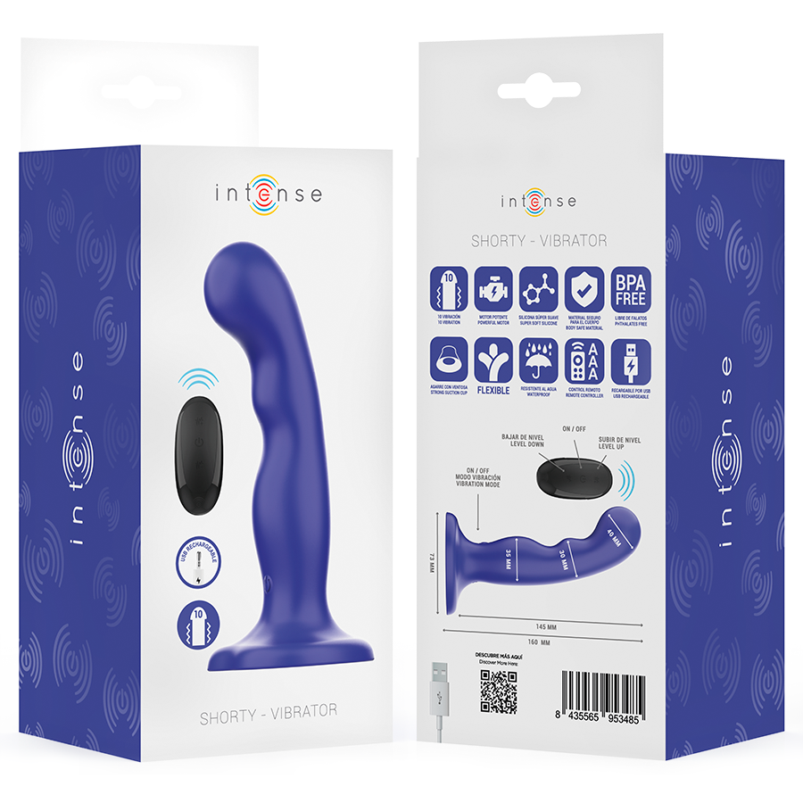 Vibrador Intense Shorty azul con relieves, ventosa y mando a distancia