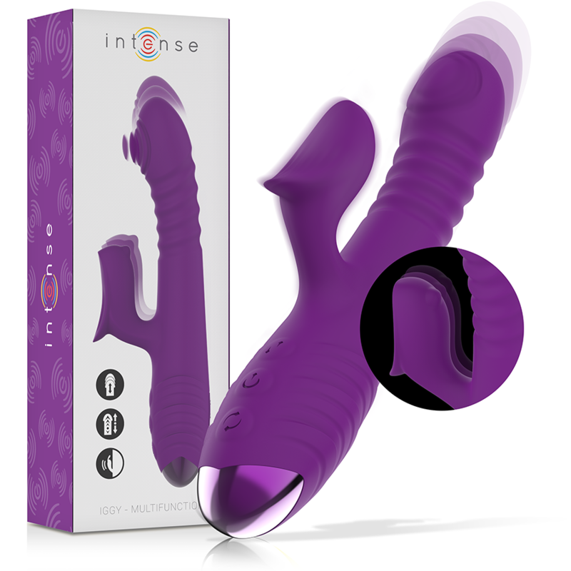 Vibratore ricaricabile multifunzione Intense Iggy viola, con movimento su e giù e stimolatore clitorideo