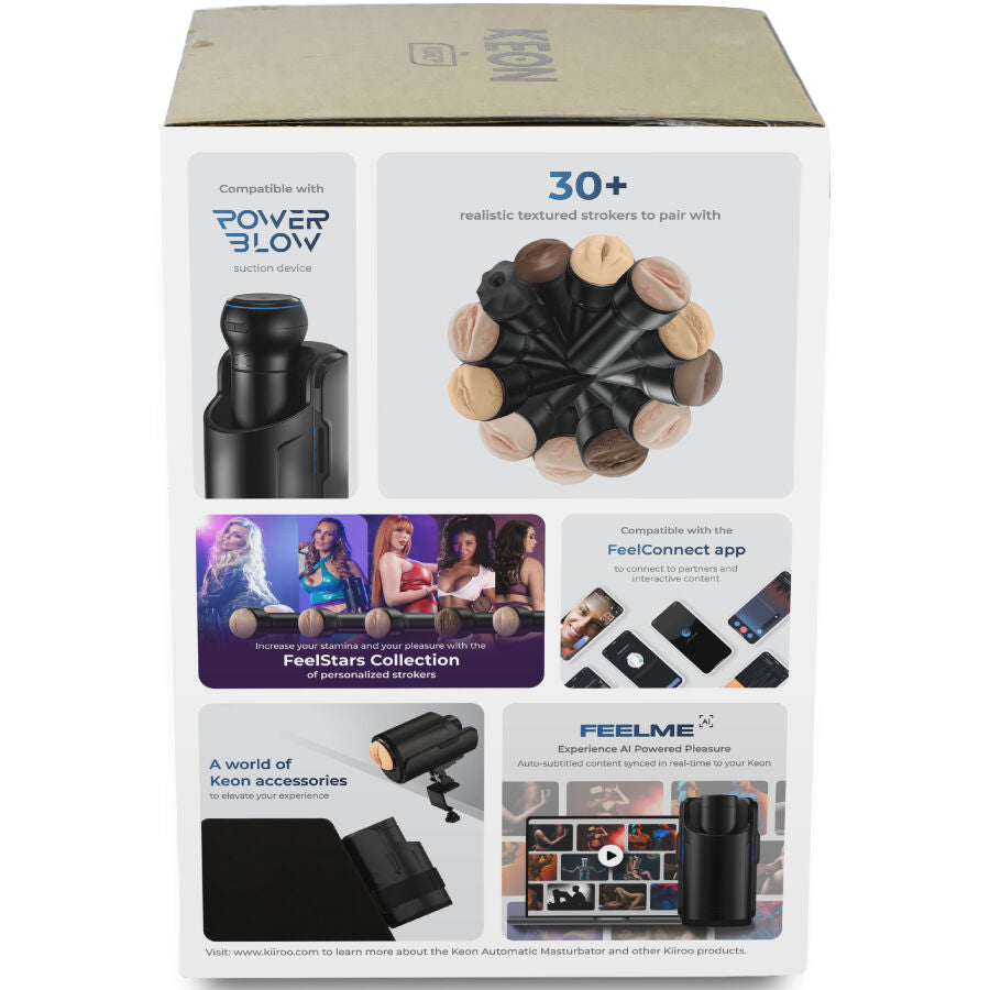 Lateral de la caja del Keon con las fundas y los accesorios compatibles