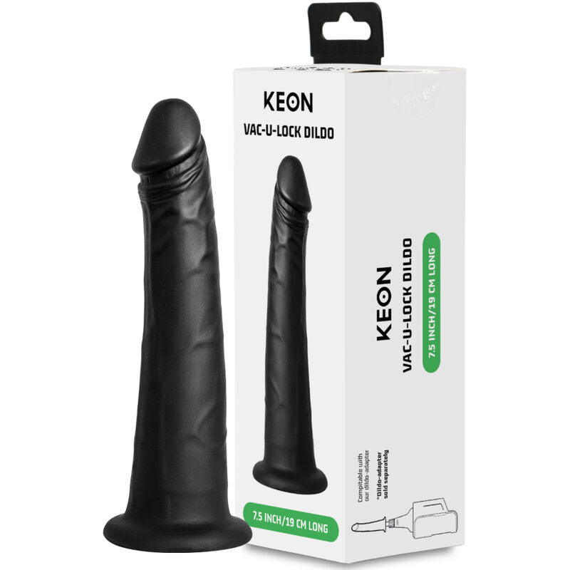 Consolador Kiiroo Keon Vac-U-Lock negro delante de su caja